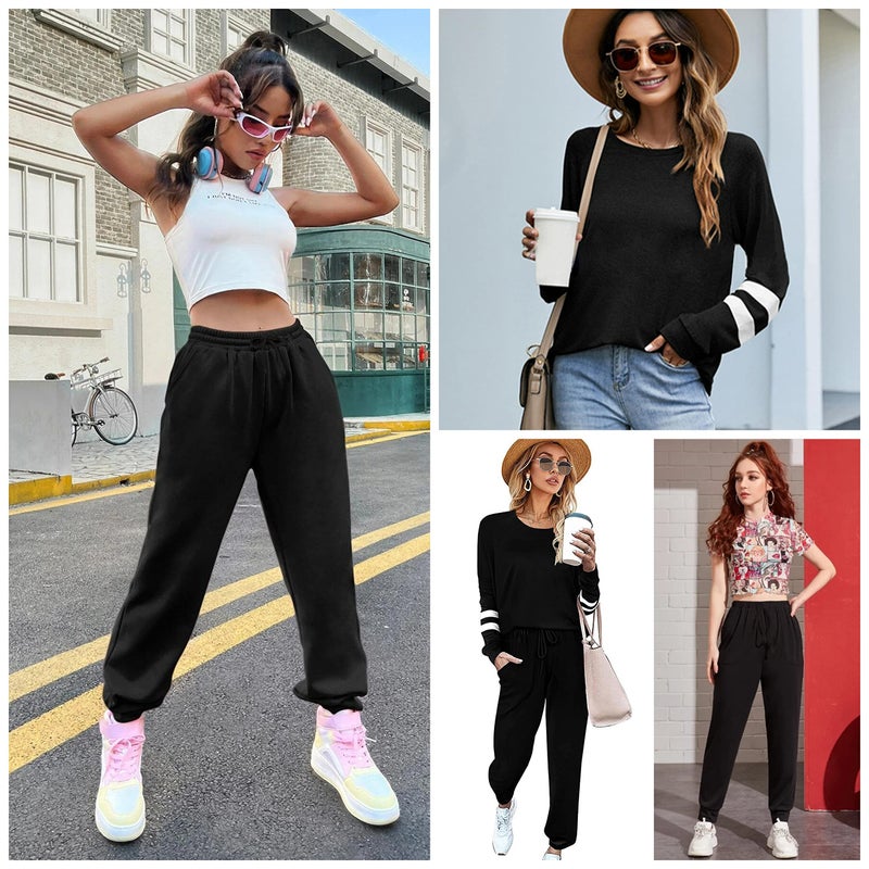 Ekouaer Sweatsuits Womens Loungewear Set Tracksuit Long Sleeve Pajamas Set with Pockets 2 Piece Outfits Lounge Sets Black Medium - Image 5